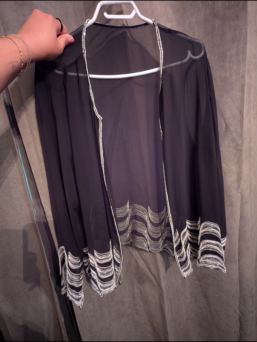 Sheer Black Embroidered Open Cardigan